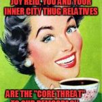 Joy Reid and inner city Thug Relatives | JOY REID, YOU AND YOUR INNER CITY THUG RELATIVES; ARE THE "CORE THREAT" TO OUR DEMOCRACY. | image tagged in vintage lady drinking coffee,joy reid,thugs | made w/ Imgflip meme maker