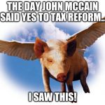 Flying Pigs | THE DAY JOHN MCCAIN SAID YES TO TAX REFORM... I SAW THIS! | image tagged in flying pigs | made w/ Imgflip meme maker