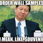 Xi Jinping | BORDER WALL SAMPLES? YOU MEAN, LIKE, SOUVENIRS? | image tagged in xi jinping | made w/ Imgflip meme maker