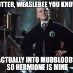 Harry Potter Draco | HEY POTTER, WEASLEBEE YOU KNOW I AM; ACTUALLY INTO MUDBLOODS SO HERMIONE IS MINE | image tagged in harry potter draco | made w/ Imgflip meme maker