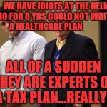 Ryan and McConnell | WE HAVE IDIOTS AT THE HELM WHO FOR 8 YRS COULD NOT WRITE          A HEALTHCARE PLAN; ALL OF A SUDDEN THEY ARE EXPERTS ON A TAX PLAN...REALLY? | image tagged in ryan and mcconnell | made w/ Imgflip meme maker