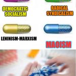 Choose one | COMMUNISM IN A NUTSHELL; RADICAL SYNDICALISM; DEMOCRATIC SOCIALISM; LENINISM-MARXISM; MAOISM; FOR HONORABLE CHAIRMAN MAO | image tagged in choose one | made w/ Imgflip meme maker
