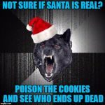 Christmas Insanity Wolf | NOT SURE IF SANTA IS REAL? POISON THE COOKIES AND SEE WHO ENDS UP DEAD | image tagged in christmas insanity wolf,americanpenguin | made w/ Imgflip meme maker
