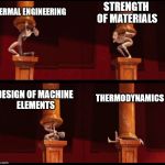 Burdens from Despicable Me | THERMAL ENGINEERING; STRENGTH OF MATERIALS; DESIGN OF MACHINE ELEMENTS; THERMODYNAMICS | image tagged in burdens from despicable me | made w/ Imgflip meme maker