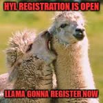 alpaca | HYL REGISTRATION IS OPEN; LLAMA GONNA REGISTER NOW | image tagged in alpaca | made w/ Imgflip meme maker