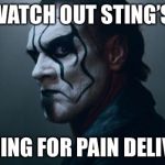 Sting WWE | WATCH OUT STING’S; COMING FOR PAIN DELIVERY | image tagged in sting wwe | made w/ Imgflip meme maker
