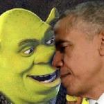 Shrek and Obama kissing