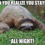 Sleeping sloth | WHEN YOU REALIZE YOU STAYED UP; ALL NIGHT! | image tagged in sleeping sloth | made w/ Imgflip meme maker