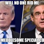 Trump Mueller | WILL NO ONE RID ME; OF THIS MEDDLESOME SPECIAL COUNSEL? | image tagged in trump mueller | made w/ Imgflip meme maker