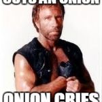 chuck norris terminator | CUTS AN ONION; ONION CRIES | image tagged in chuck norris terminator | made w/ Imgflip meme maker