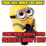 minions | YOUR FACE WHEN YOU WANT; SOMETHING WHICH YOUR; PARENTS WON'T BUY | image tagged in minions | made w/ Imgflip meme maker