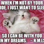 kitten sleeping | WHEN I'M NOT BY YOUR SIDE, I JUST WANT TO SLEEP; SO I CAN BE WITH YOU IN MY DREAMS.    ~ N.M.LS | image tagged in kitten sleeping | made w/ Imgflip meme maker