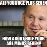 Roy Moore | HALF YOUR AGE PLUS SEVEN? HOW ABOUT HALF YOUR AGE MINUS SEVEN? | image tagged in roy moore | made w/ Imgflip meme maker