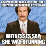 Ron Burgundy | A SUPERMODEL WAS ARRESTED TODAY FOR TASERING SHOPPERS AT THE MALL; WITNESSES SAY SHE WAS STUNNING | image tagged in ron burgundy,memes | made w/ Imgflip meme maker