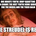 old woman | ONE MINUTE YOU'RE JUMP SQUATTING LIKE A CHAMP, THE NEXT YOU'RE HOME SHRIEKING FOR THE DRUGS AND THE TIGER BALM; THE STREUDEL IS REAL | image tagged in old woman | made w/ Imgflip meme maker