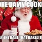 Cookies for santa | MORE DAMN COOKIES; NEVER THE BABE THAT BAKED THEM! | image tagged in santa with cookies,babe,baked | made w/ Imgflip meme maker