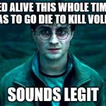 harry potter | STAYED ALIVE THIS WHOLE TIME BUT NOW HAS TO GO DIE TO KILL VOLDEMORT; SOUNDS LEGIT | image tagged in harry potter | made w/ Imgflip meme maker