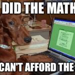 Dog with Glasses on Computer | I DID THE MATH; WE CAN'T AFFORD THE CAT | image tagged in dog with glasses on computer | made w/ Imgflip meme maker