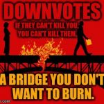Everything gets upvotes, it's the downvotes that keep the trash in the back pages. | DOWNVOTES; IF THEY CAN'T KILL YOU, YOU CAN'T KILL THEM. A BRIDGE YOU DON'T WANT TO BURN. | image tagged in burning bridges,down with downvotes weekend,downvote | made w/ Imgflip meme maker
