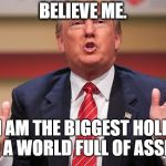 Donald Trump Huge | BELIEVE ME. I AM THE BIGGEST HOLE IN A WORLD FULL OF ASSES. | image tagged in donald trump huge | made w/ Imgflip meme maker
