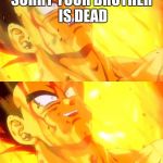 Bardock death meme | SORRY YOUR BROTHER IS DEAD | image tagged in bardock death meme | made w/ Imgflip meme maker