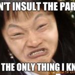 China Garden | DON'T INSULT THE PARTY! IT'S THE ONLY THING I KNOW | image tagged in china garden | made w/ Imgflip meme maker