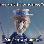 Winter's Coming | That white stuff is called snow, Texas. You're welcome. | image tagged in winter's coming | made w/ Imgflip meme maker