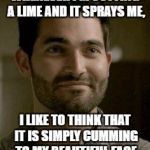 when life gives you limes... | WHENEVER I'M CUTTING A LIME AND IT SPRAYS ME, I LIKE TO THINK THAT IT IS SIMPLY CUMMING TO MY BEAUTIFUL FACE | image tagged in inner beauty | made w/ Imgflip meme maker