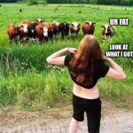 Flashing Cows(?) | UR FAT; LOOK AT WHAT I GOT | image tagged in flashing cows | made w/ Imgflip meme maker