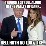 Trump melania pointing | THOUGH I STROLL ALONG IN THE VALLEY OF DARK.. HELL HATH NO FURY LIKE... | image tagged in trump melania pointing | made w/ Imgflip meme maker