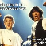 bill & ted timesheet meme | This is going to be a most bodacious day! Timesheets Done? Excellent! | image tagged in bill  ted timesheet meme | made w/ Imgflip meme maker