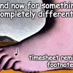 monty python timesheet reminder | And now for something completely different... ♩; timesheet reminder 
footnote | image tagged in monty python timesheet reminder | made w/ Imgflip meme maker