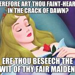 sleeping beauty | WHEREFORE ART THOU FAINT-HEARTED IN THE CRACK OF DAWN? ERE THOU BESEECH THE WIT OF THY FAIR MAIDEN! | image tagged in sleeping beauty | made w/ Imgflip meme maker