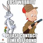 Bugs Bunny Elmer Fudd | LOST WABBITT; PLEASE CONTACT ELMER IF FOUND | image tagged in bugs bunny elmer fudd | made w/ Imgflip meme maker