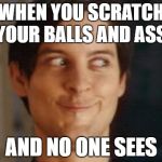 Spiderman Peter Parker | WHEN YOU SCRATCH YOUR BALLS AND ASS AND NO ONE SEES | image tagged in memes,spiderman peter parker | made w/ Imgflip meme maker