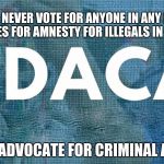 DACA | I WILL NEVER VOTE FOR ANYONE IN ANY PARTY THAT VOTES FOR AMNESTY FOR ILLEGALS IN ANY FORM. DON'T ADVOCATE FOR CRIMINAL ALIENS. | image tagged in daca | made w/ Imgflip meme maker