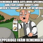 Family Guy Pepperidge Farm Remembers | REMEMBER WHEN GUYS WORE SPEEDOS AND TIGHT SHORT SHORTS AND WEREN'T THOUGHT OF AS GAY OR WEIRD? PEPPERIDGE FARM REMEMBERS | image tagged in family guy pepperidge farm remembers | made w/ Imgflip meme maker