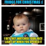 Leonardo Inception With Dad Joke Baby | MY PARENTS GOT ME A FRIDGE FOR CHRISTMAS :(; I BET THEY WATCHED YOUR FACE LIGHT UP WHEN YOU OPENED IT | image tagged in leonardo inception with dad joke baby,memes,inception,dad joke dog | made w/ Imgflip meme maker