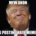 R they scared or wat? | MFW ANON; IS POSTING HATE MEMES | image tagged in trump smiles,anonymous,donald trump,mfw | made w/ Imgflip meme maker