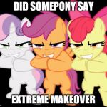 cutie mark crushing | DID SOMEPONY SAY; EXTREME MAKEOVER | image tagged in cutie mark crushing | made w/ Imgflip meme maker