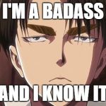 Levi | I'M A BADASS; AND I KNOW IT | image tagged in levi | made w/ Imgflip meme maker