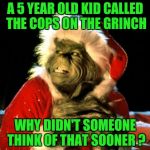 Out of the mouths of babes | A 5 YEAR OLD KID CALLED THE COPS ON THE GRINCH; WHY DIDN'T SOMEONE THINK OF THAT SOONER ? | image tagged in the grinch,stealing,christmas,police,who you gonna call | made w/ Imgflip meme maker