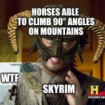 Ancient Aliens Skyrim | HORSES ABLE TO CLIMB 90° ANGLES ON MOUNTAINS; WTF; SKYRIM | image tagged in ancient aliens skyrim | made w/ Imgflip meme maker