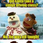 Christmas Puns With Fozzie Bear  | Did Santa take a sleigh driving class? No, he was elf taught | image tagged in christmas puns with fozzie bear | made w/ Imgflip meme maker