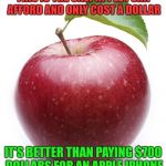 apple | THIS IS THE ONLY APPLE I CAN AFFORD AND ONLY COST A DOLLAR; IT'S BETTER THAN PAYING $700 DOLLARS FOR AN APPLE IPHONE | image tagged in apple | made w/ Imgflip meme maker