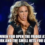 Beyonce that face you make | WHEN YOU OPEN THE FRIDGE AT WORK AND THE SMELL HITS YOU LIKE: | image tagged in beyonce that face you make,sasha fierce,smell,work,fridge,eww | made w/ Imgflip meme maker