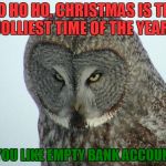 Ho ho No | HO HO HO, CHRISTMAS IS THE JOLLIEST TIME OF THE YEAR! IF YOU LIKE EMPTY BANK ACCOUNTS | image tagged in angry owl,jolly,christmas,owl,bank account,christmas shopping | made w/ Imgflip meme maker