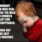 Heartbreaker :(  | I THOUGHT SANTA WAS REAL BECAUSE THE MILK AND COOKIES I LEFT FOR HIM DISAPPEARED. TURNS OUT WE JUST HAVE ROACHES. | image tagged in pouting boy,jbmemegeek,cute kids,christmas,christmas memes | made w/ Imgflip meme maker