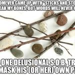 sticks and stones | WHOMEVER CAME UP WITH "STICKS AND STONES WILL BREAK MY BONES, BUT WORDS WILL NEVER HURT ME"; WAS ONE DELUSIONAL S.O.B. TRYING TO MASK HIS (OR HER) OWN PAIN. | image tagged in sticks and stones | made w/ Imgflip meme maker