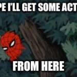 spiderman in bushes | HOPE I’LL GET SOME ACTION; FROM HERE | image tagged in spiderman in bushes | made w/ Imgflip meme maker